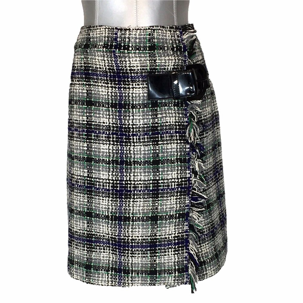 Etcetera 4 Wrap Skier White Black Gray Green Blue Woven Tweed Fringe Belt Work